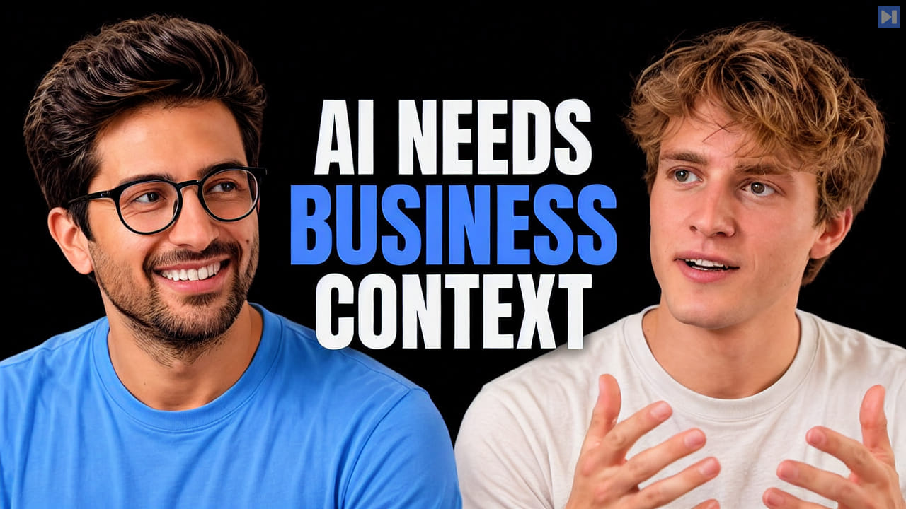 Vasuman Moza and JD Pruett against black beside the blue and white headline “AI NEEDS BUSINESS CONTEXT”.