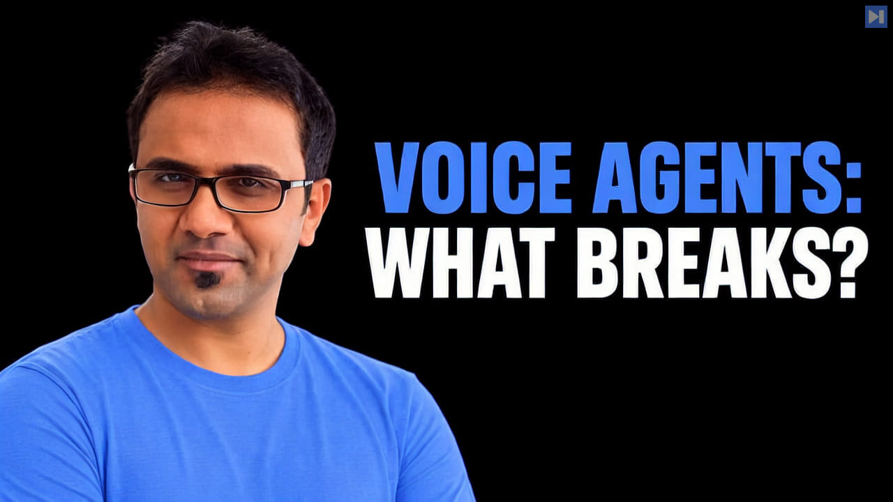 Venky Balasubramanian beside the blue and white headline VOICE AGENTS: WHAT BREAKS? on a black background.