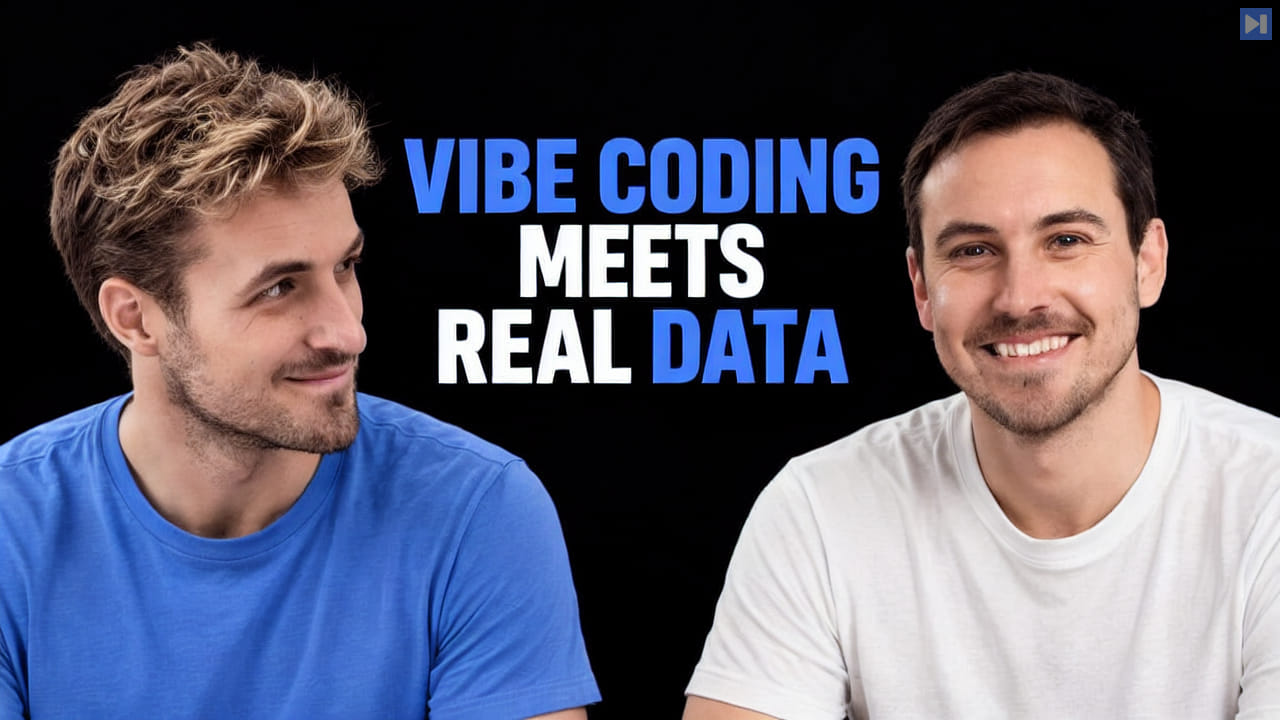 Pierce Freeman and Richard Diehl Martinez in blue and white tops against black, alongside the blue and white headline "VIBE CODING MEETS REAL DATA".