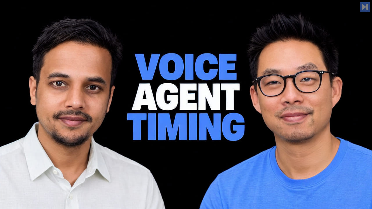 Chintan Agrawal in an off-white shirt and Daniel Wirjo in blue against black beside the blue-and-white headline VOICE AGENT TIMING.