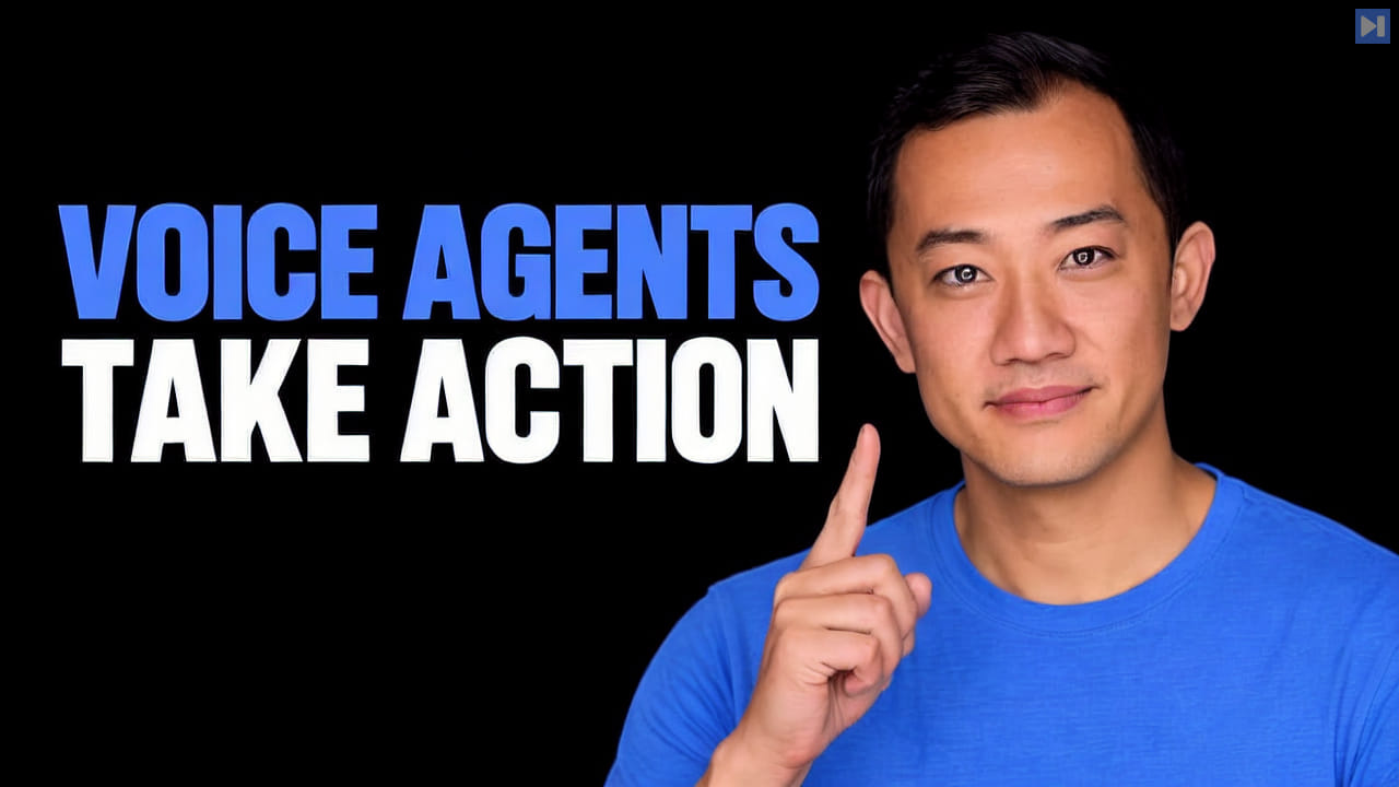 Charlie Guo against a black background with the blue and white headline “VOICE AGENTS TAKE ACTION”.