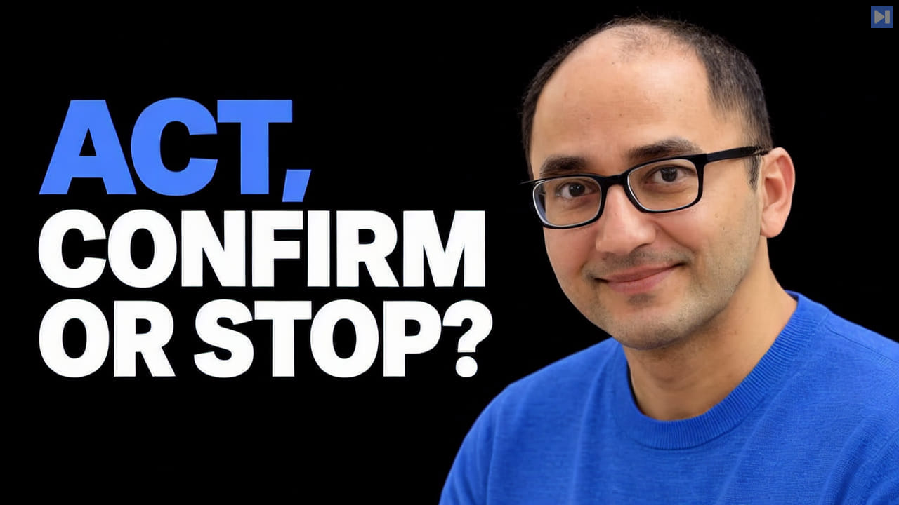 Amit Desai against a black background beside the blue and white headline "ACT, CONFIRM OR STOP?".