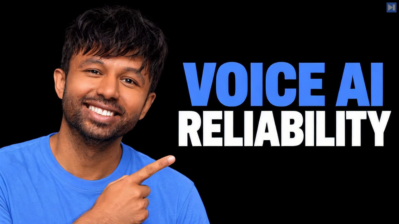 Sumanyu Sharma against a black background with the blue and white headline “VOICE AI RELIABILITY”.