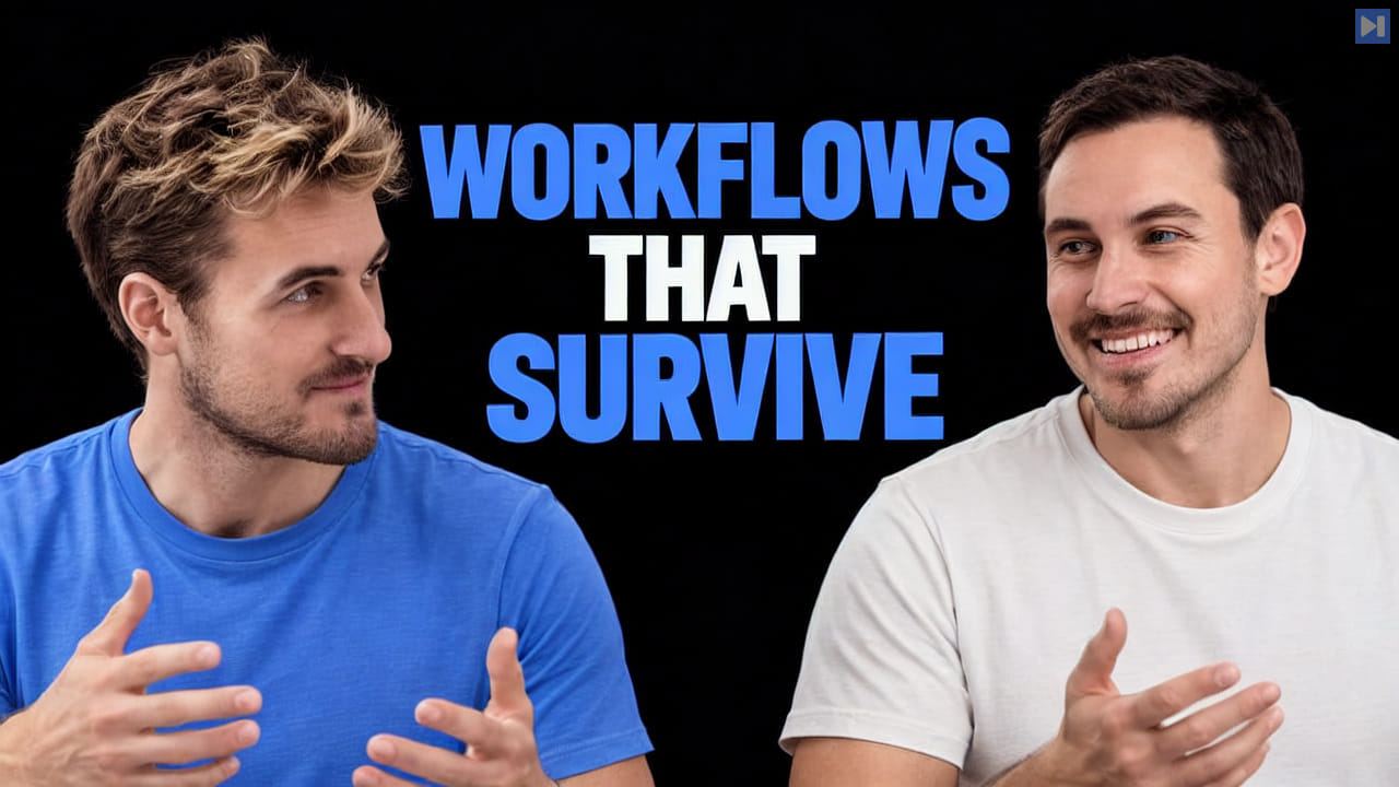 Pierce Freeman and Richard Diehl Martinez in blue and white tops against black, alongside the blue and white headline "WORKFLOWS THAT SURVIVE".