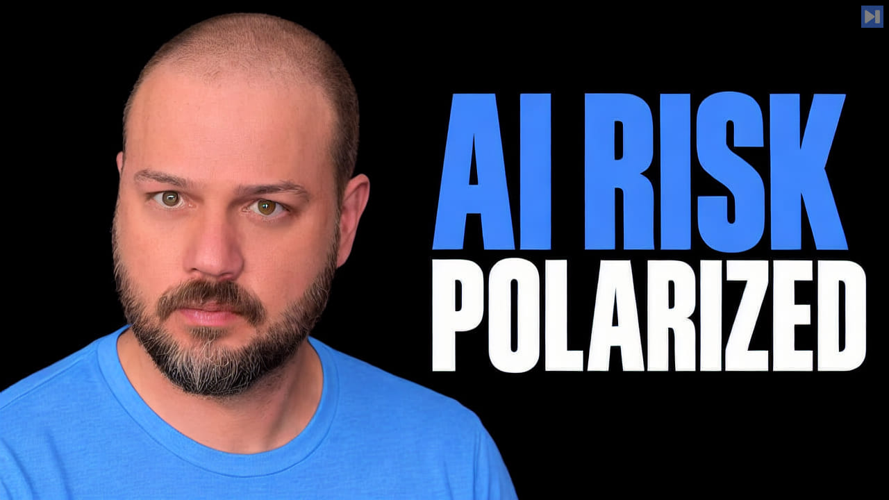 Wes Roth in a blue top beside the blue and white headline 'AI RISK POLARIZED' on black.