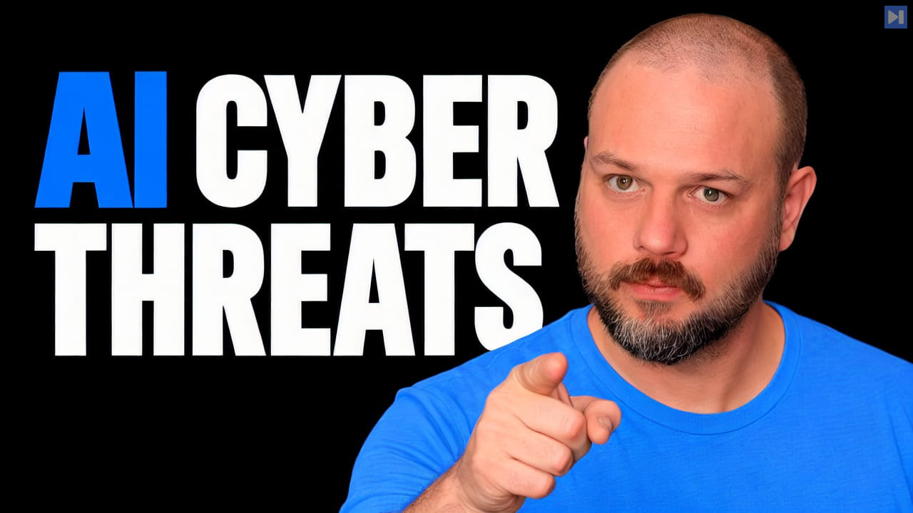 Wes Roth points beside the flat headline AI Cyber Threats on black.