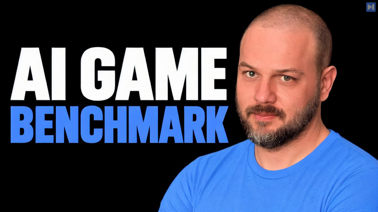 Wes Roth beside the blue and white words AI Game Benchmark on black.