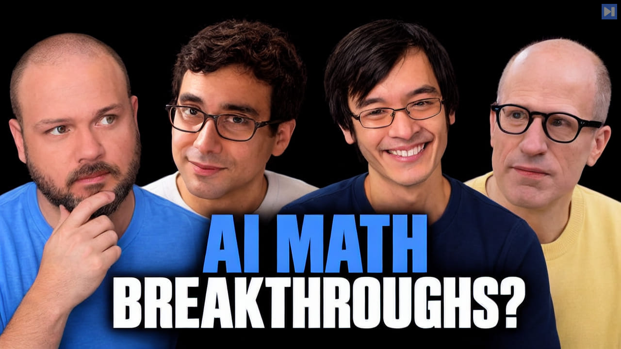Wes Roth touches his chin alongside Noam Brown, Terence Tao and Nick Bostrom above the blue and white headline AI MATH BREAKTHROUGHS? on a black background.