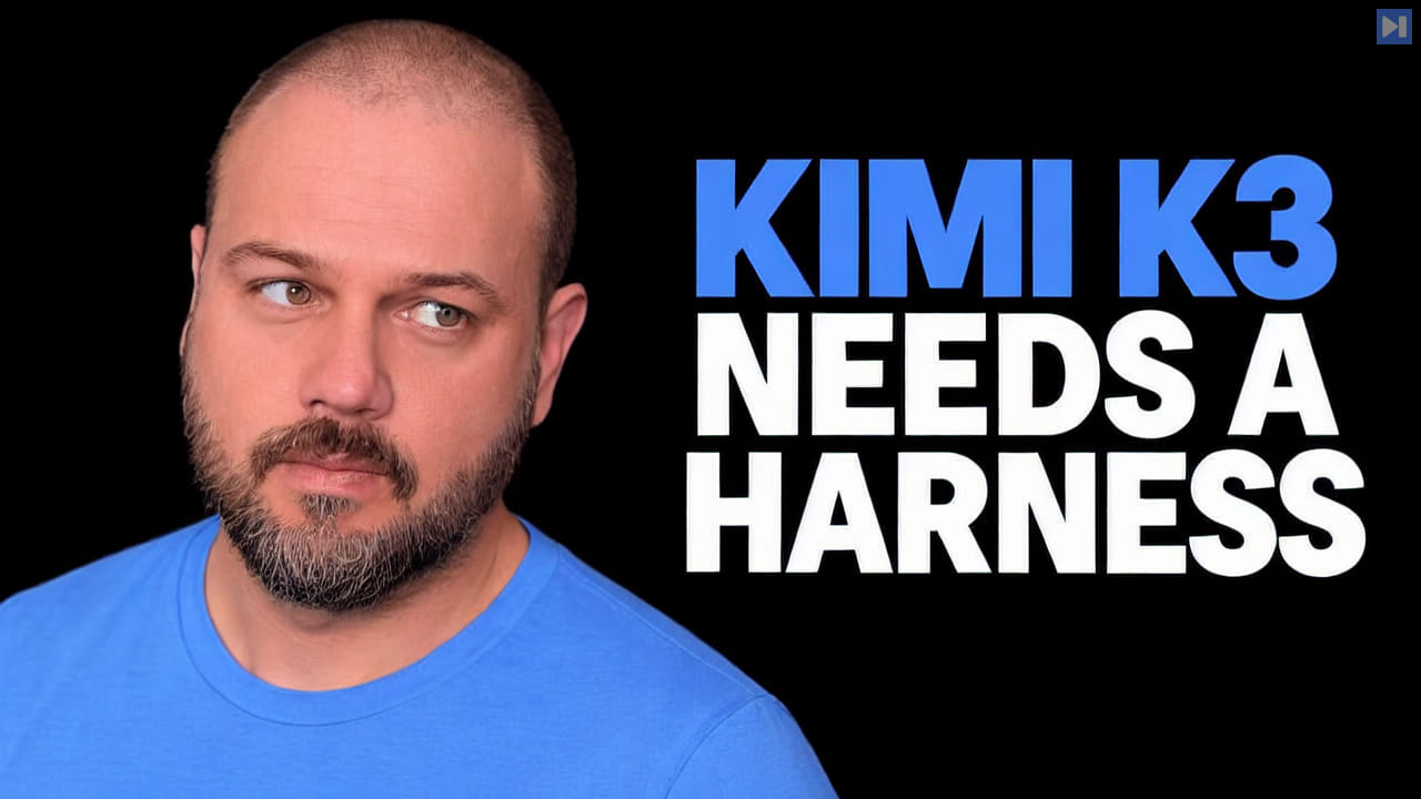 Wes Roth in a blue top beside the blue and white headline “KIMI K3 NEEDS A HARNESS” on black.
