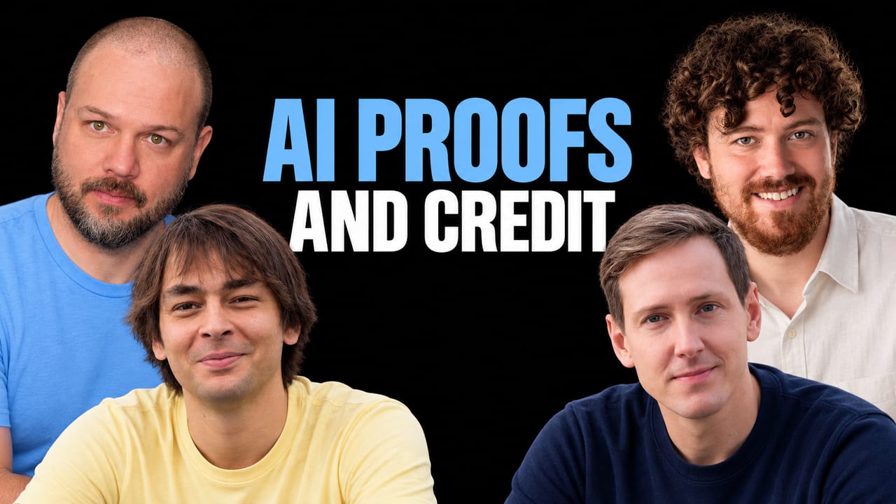 Wes Roth, Tristan Buckmaster, Levent Alpöge and Sébastien Bubeck in an editorial composition about AI mathematical proof and research credit.