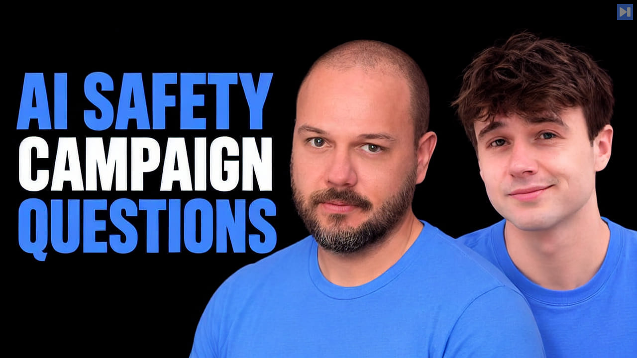 Wes Roth and Jacob Coxon beside the headline AI Safety Campaign Questions on a pure black background.