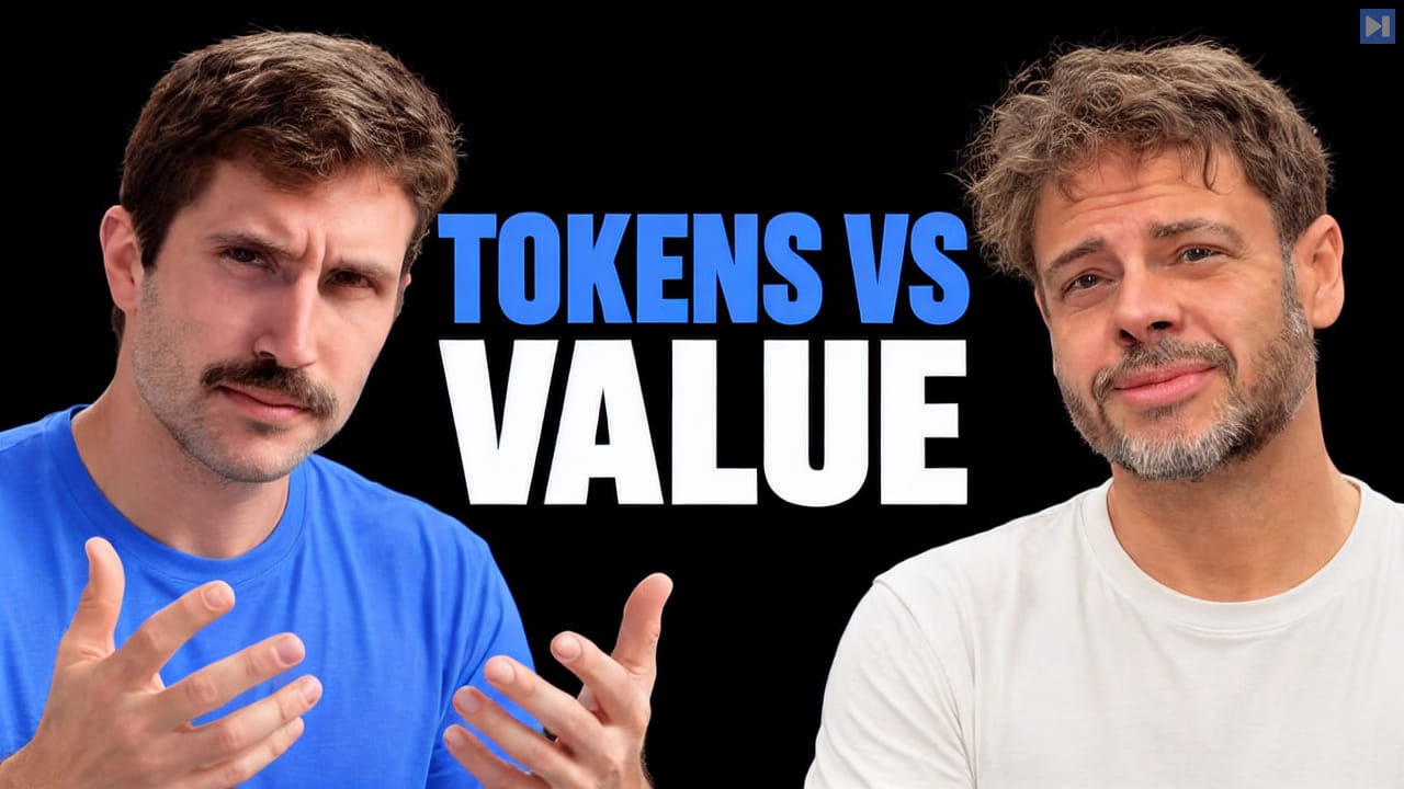 ThePrimeagen and Steve Yegge beside the blue-and-white headline “TOKENS VS VALUE” on a black background.