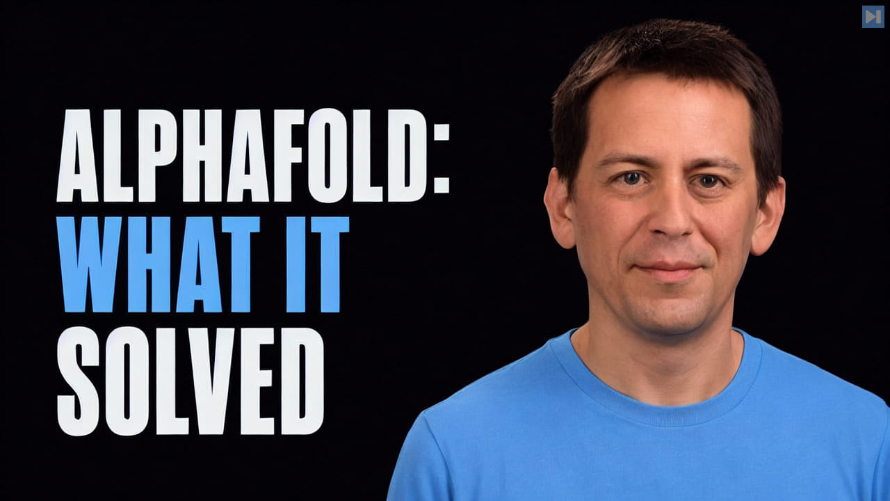 John Jumper beside the words AlphaFold What It Solved