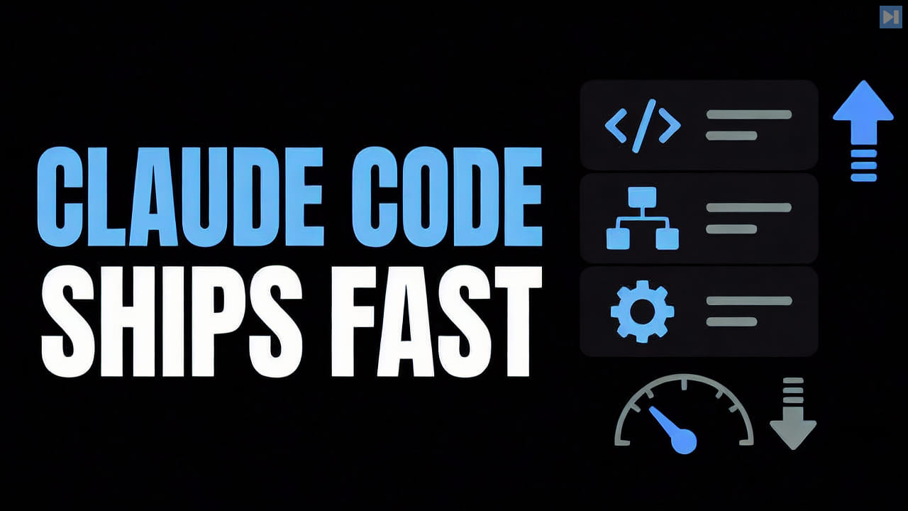 The words Claude Code Ships Fast beside flat feature tiles and a usage gauge