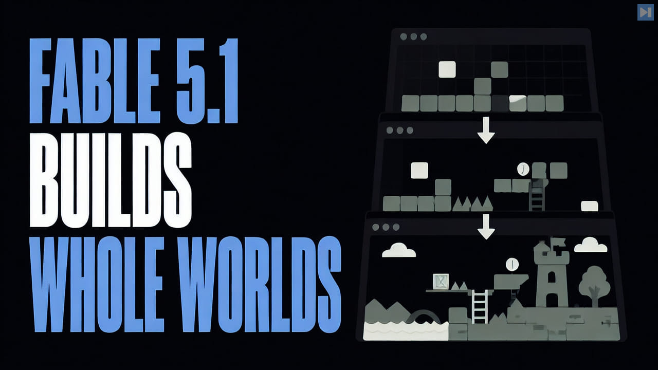 A flat illustrated game world beside the words Fable 5.1 Builds Whole Worlds