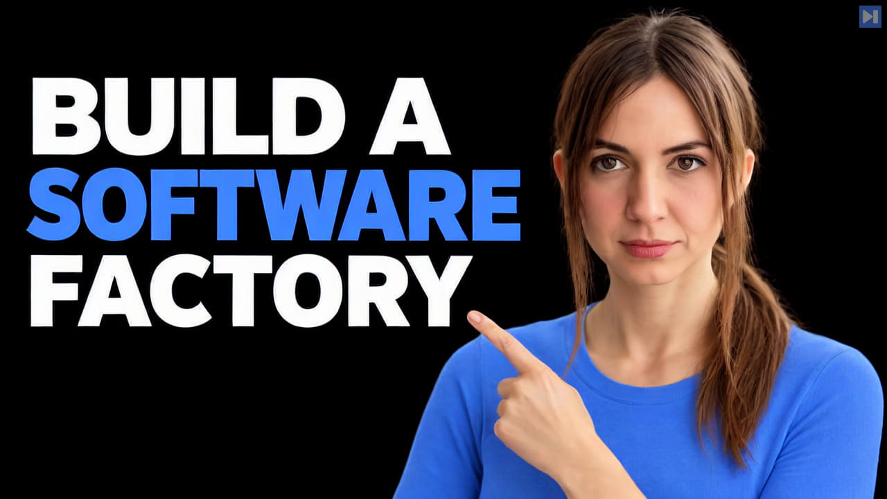 Tereza Tizkova points toward the white-and-blue headline “Build a Software Factory” on black.