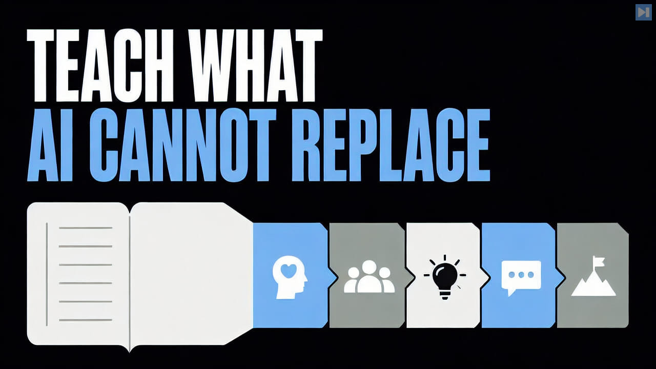 An open notebook flowing into five learning blocks beside the words Teach What AI Cannot Replace
