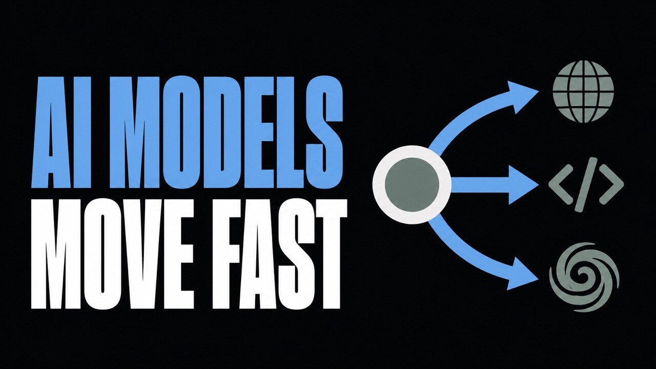 The words AI Models Move Fast beside a flat hub connecting world, code and weather symbols