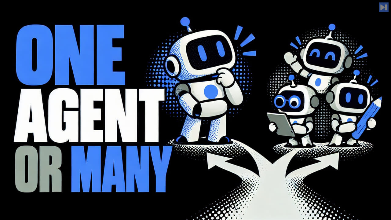 Illustration of a single robot and multiple smaller robot agents beside the headline ONE AGENT OR MANY.