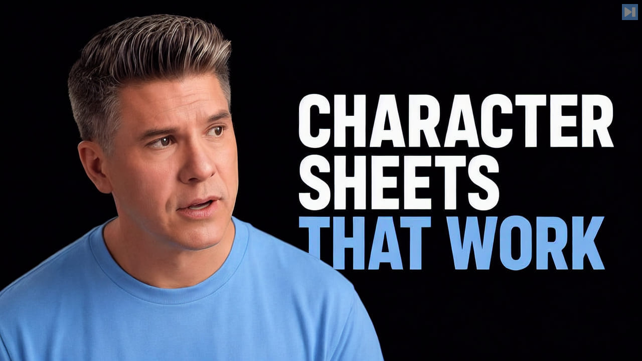 Tim Simmons beside the two-color headline Character Sheets That Work