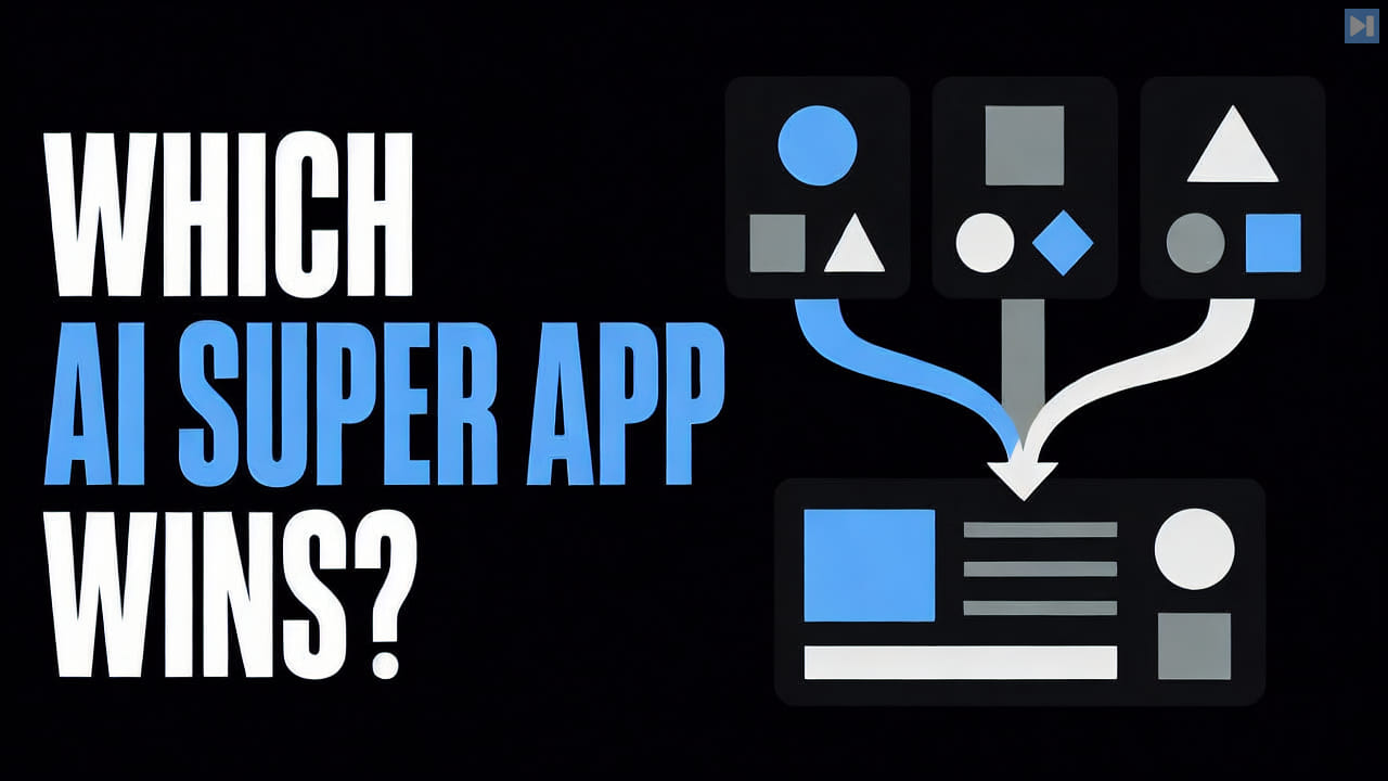 Flat workflow cards converging beside the words Which AI Super App Wins?