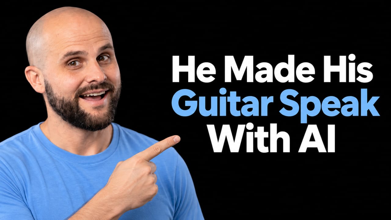 Todd Fisher demonstrating an electric guitar that triggers an AI generated voice