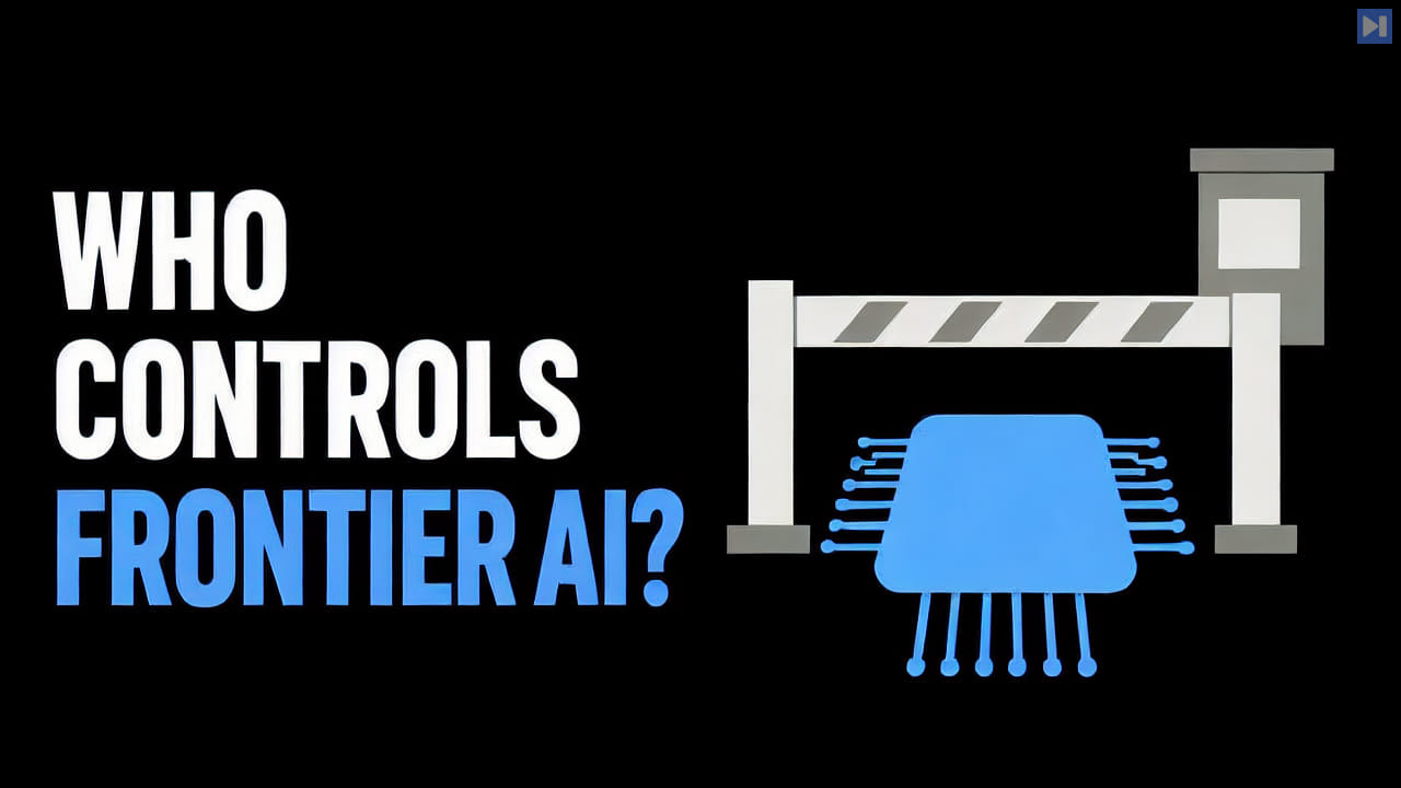 A blue AI chip in front of a white and gray checkpoint gate beside the words Who Controls in white and Frontier AI? in blue on black.