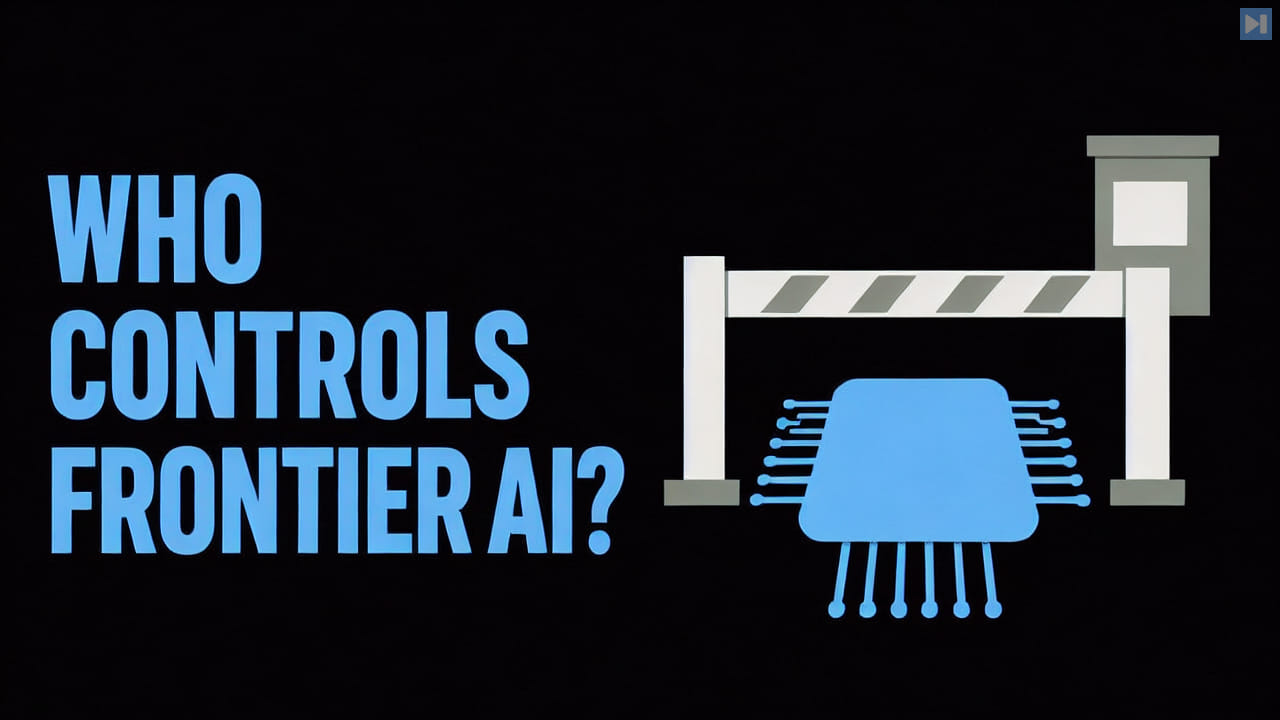 A flat illustration of an AI chip passing through a checkpoint beside the words Who Controls Frontier AI?