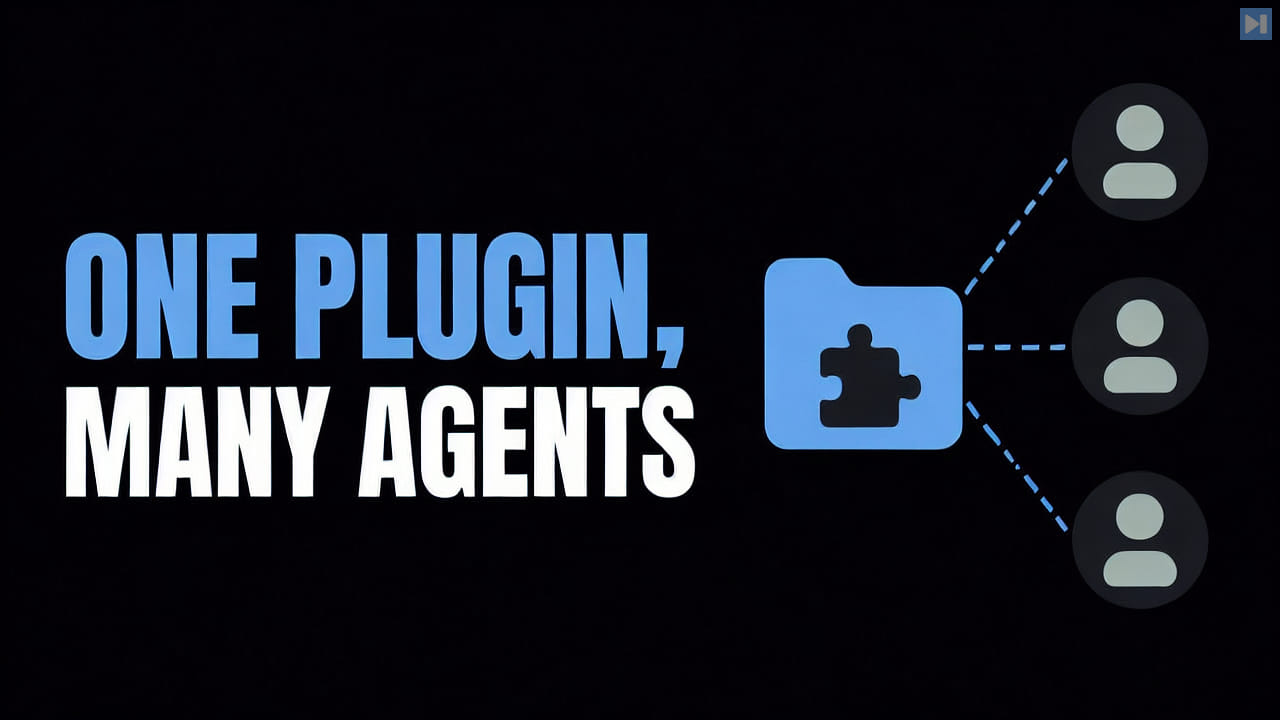 The words One Plugin, Many Agents beside a plugin folder connected to three agent nodes