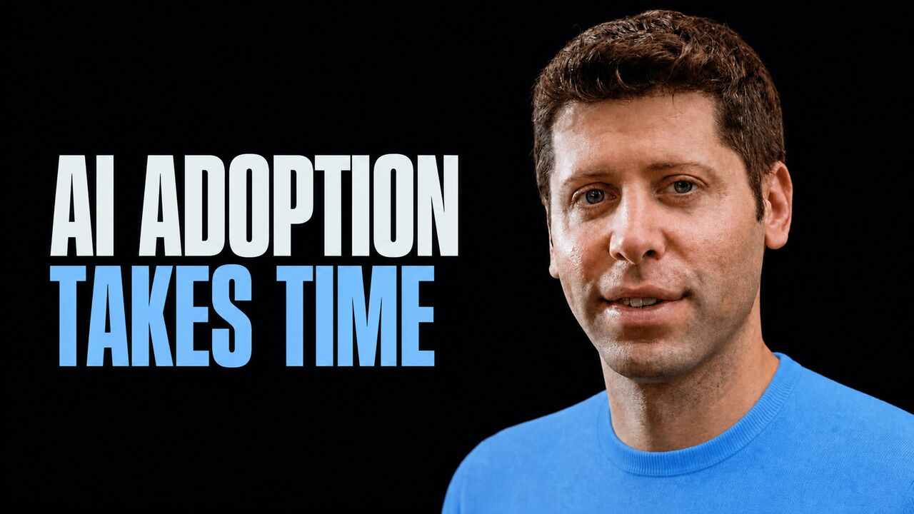 Portrait of Sam Altman beside the words AI Adoption Takes Time