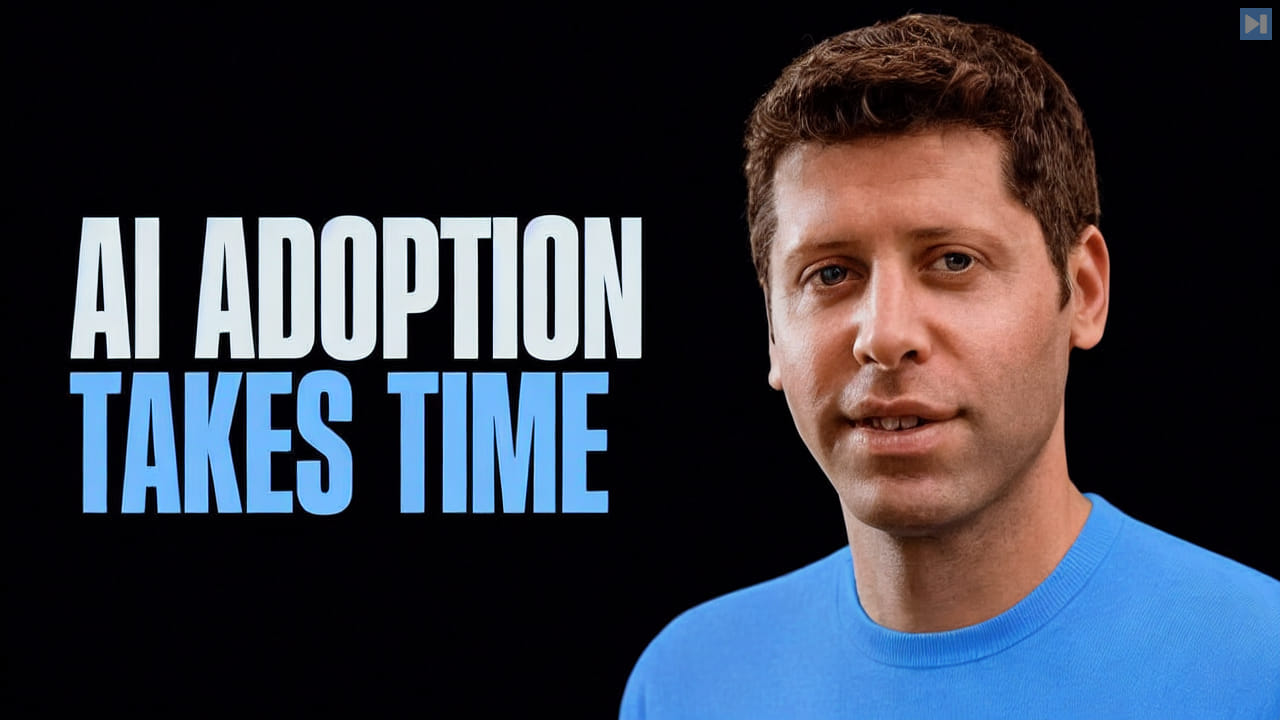 Portrait of Sam Altman beside the words AI Adoption Takes Time