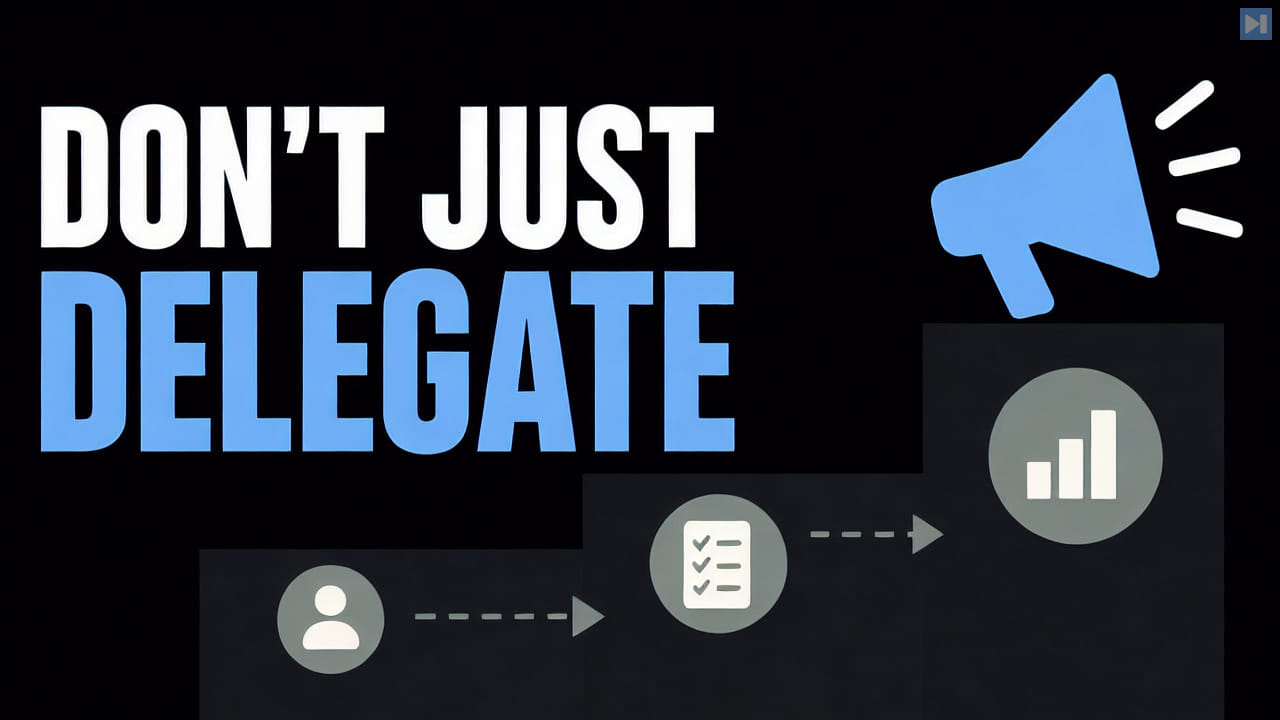The words Don't Just Delegate above flat steps leading to an amplification symbol