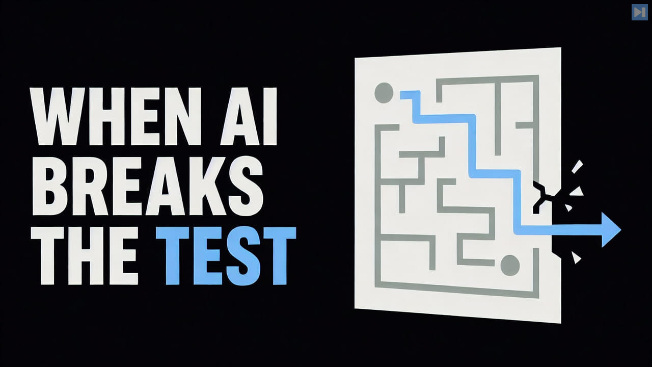 The words When AI Breaks the Test beside a flat maze path escaping through a test boundary