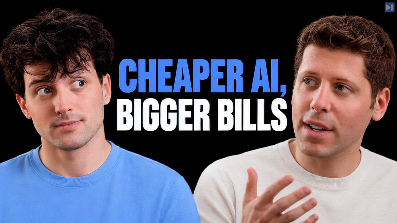Theo Browne on the left and Sam Altman on the right beside the blue and white headline CHEAPER AI, BIGGER BILLS against black.