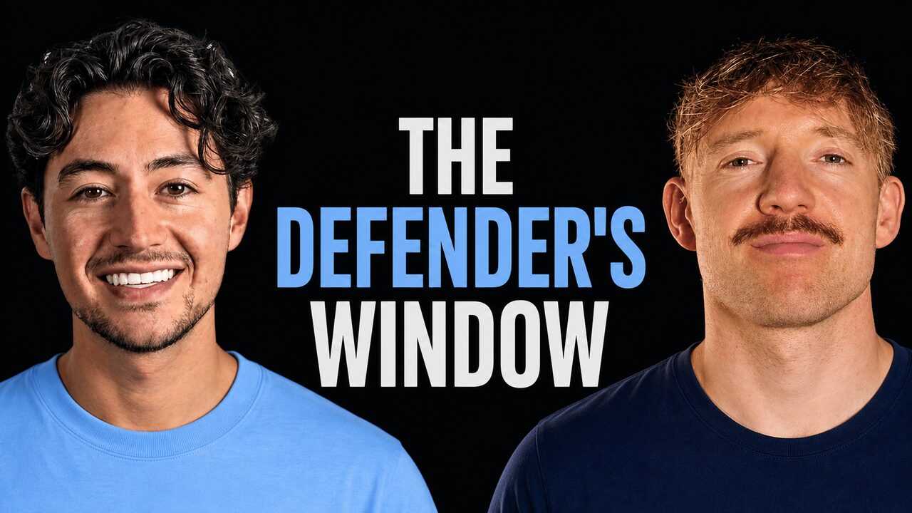 Nick Saraev and Jack Roberts beside the words The Defender's Window