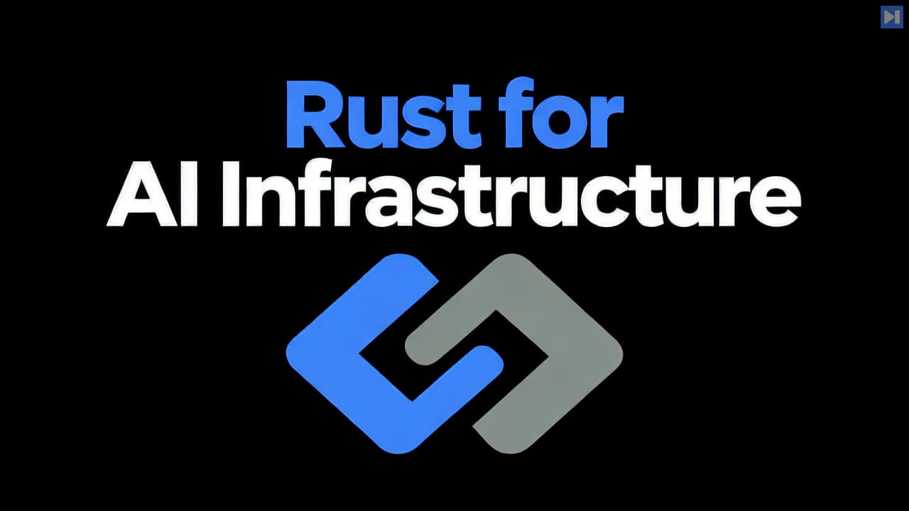 A simple flat interlocking code-bracket illustration with the blue and white headline Rust for AI Infrastructure on black.
