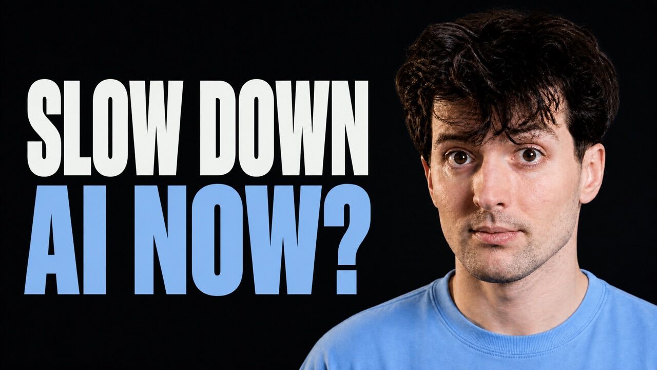 Theo Browne beside the words Slow Down AI Now?