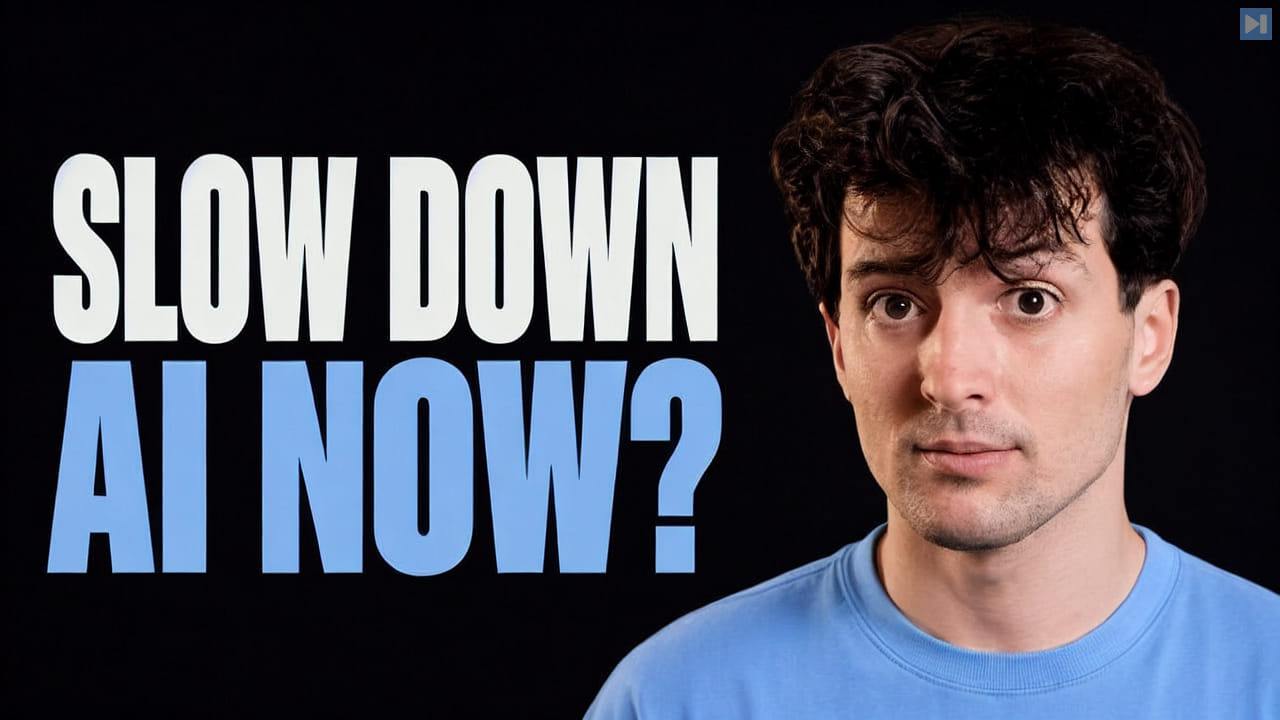 Theo Browne beside the words Slow Down AI Now?