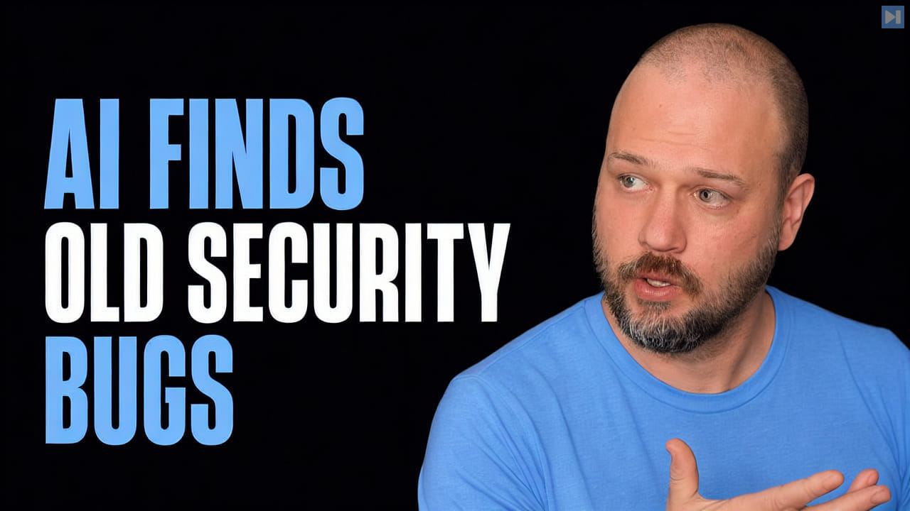 Wes Roth beside the headline AI Finds Old Security Bugs