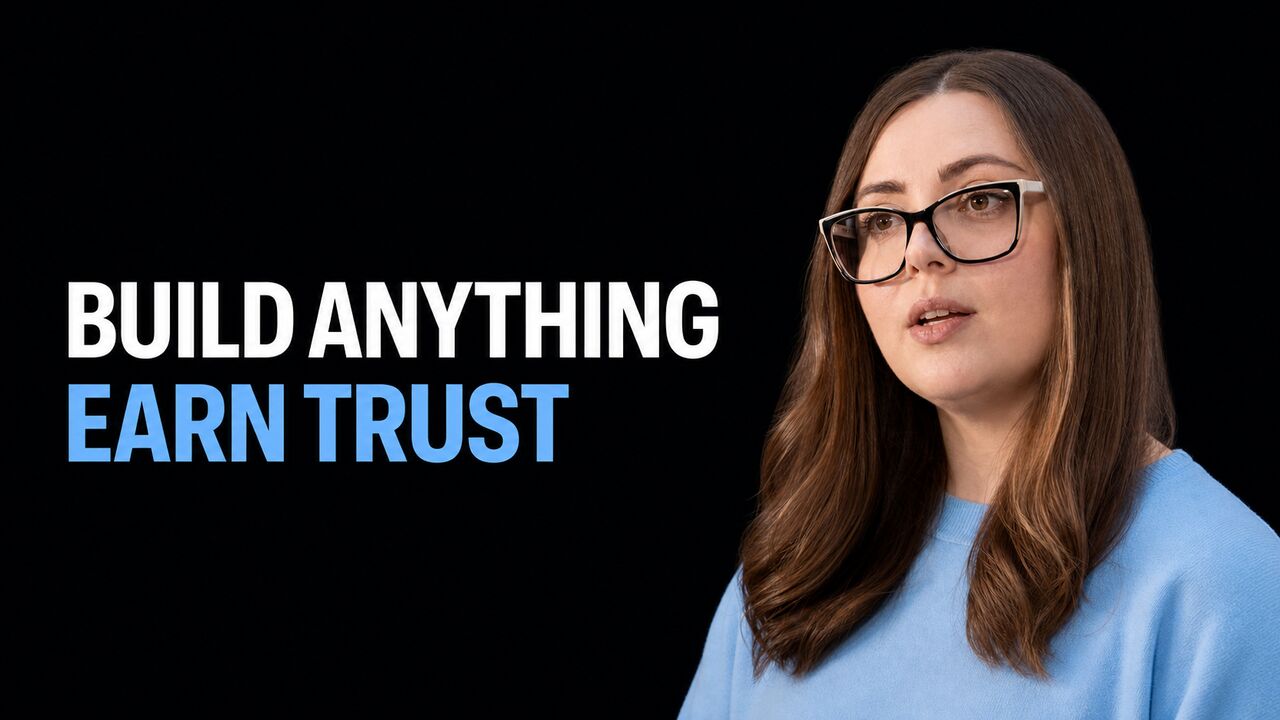 Lena Hall beside the headline Build Anything Earn Trust in true white and attention blue
