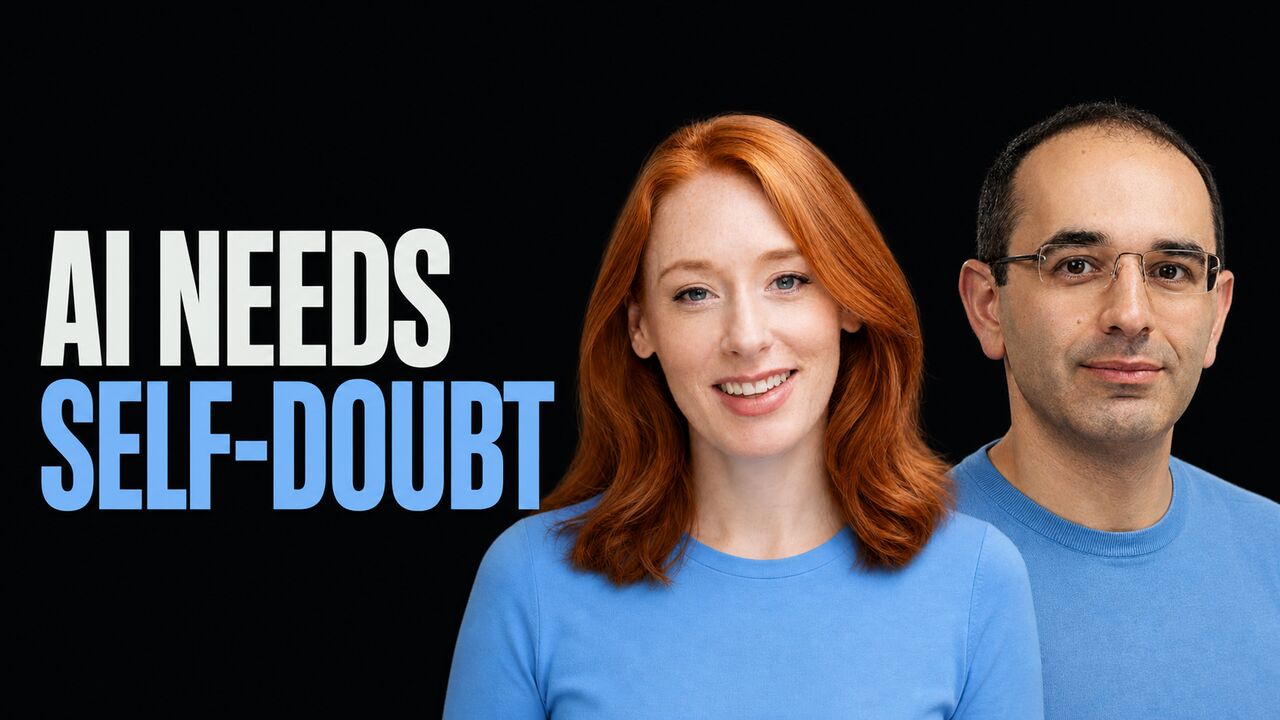 Hannah Fry and Zoubin Ghahramani beside the words AI Needs Self-Doubt