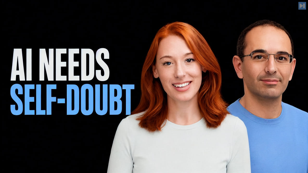 Hannah Fry and Zoubin Ghahramani beside the words AI Needs Self-Doubt