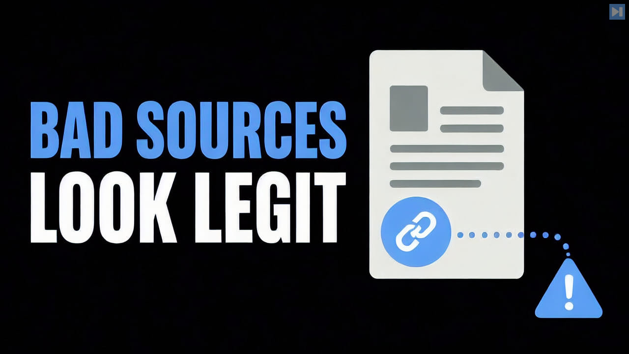 Bad Sources Look Legit beside a flat citation warning illustration