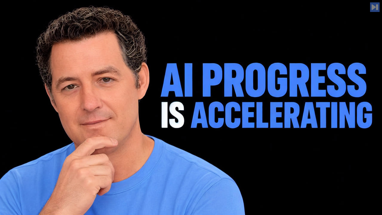 Matthew Berman in an attention-blue shirt on a black background beside the headline ‘AI PROGRESS IS ACCELERATING’.
