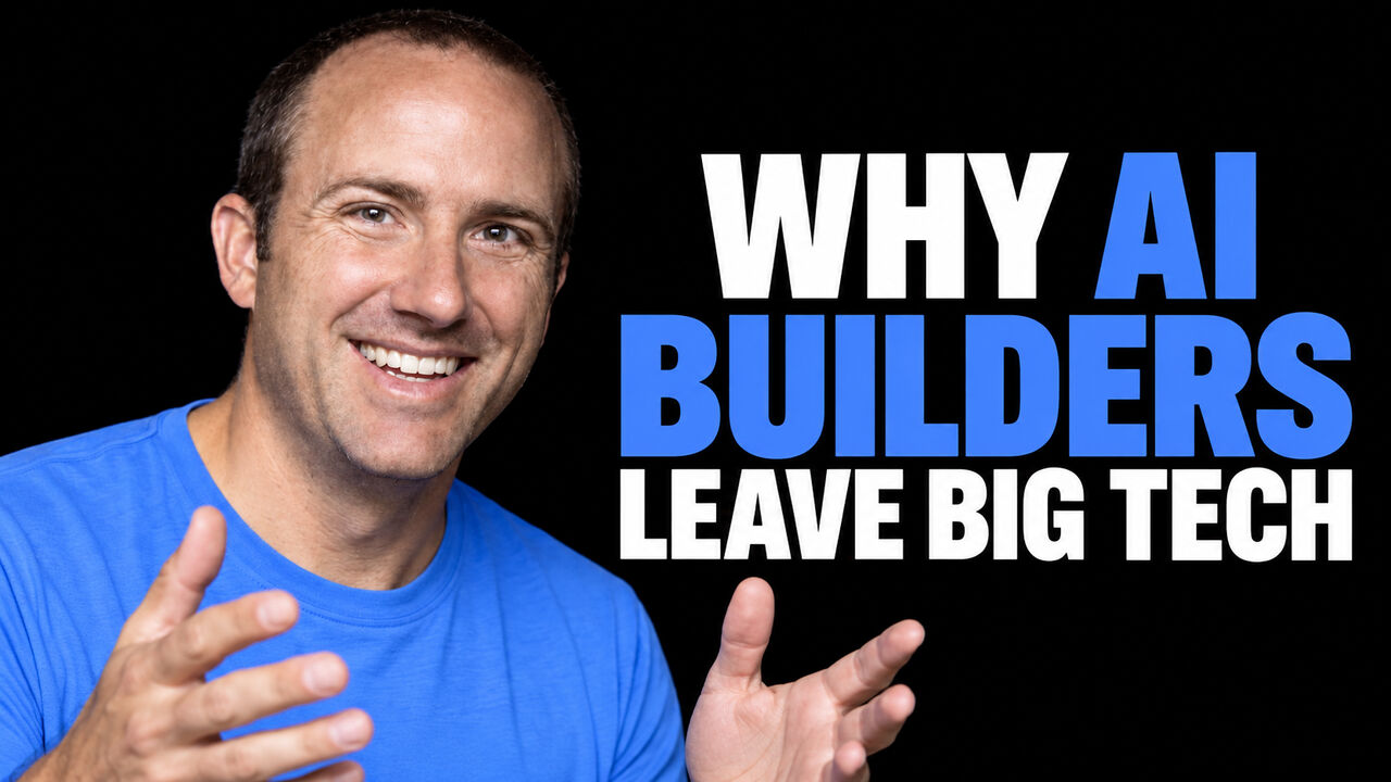 Chris Perry in an attention-blue shirt on a black background beside the headline ‘WHY AI BUILDERS LEAVE BIG TECH’.