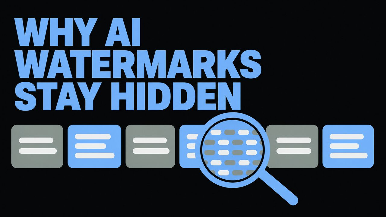 Flat token cards and a magnifying glass beside the words Why AI Watermarks Stay Hidden