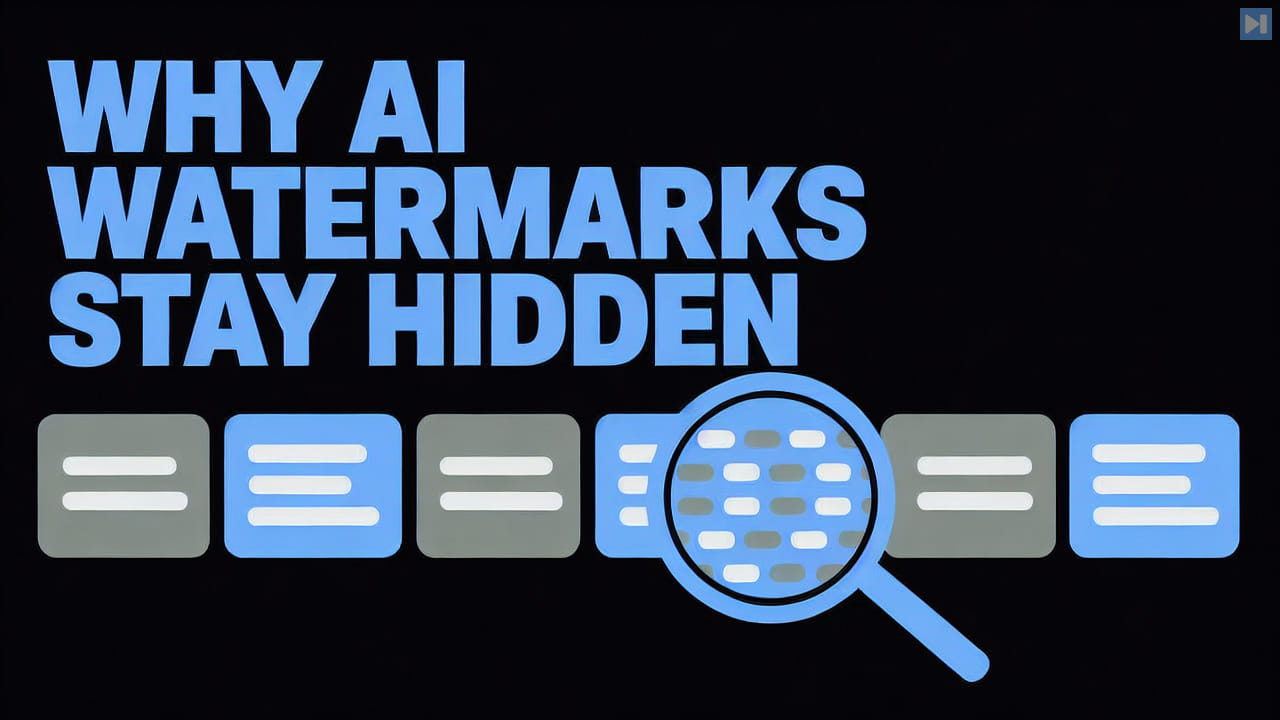 Flat token cards and a magnifying glass beside the words Why AI Watermarks Stay Hidden