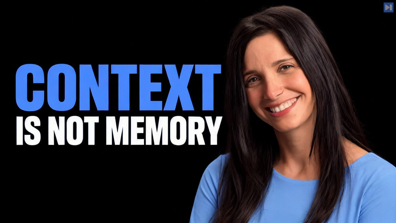 Elizabeth Fuentes Leone beside the blue-and-white headline Context Is Not Memory on a black background.