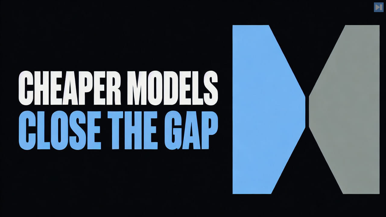 Flat geometric blocks closing a narrow gap beside the words Cheaper Models Close the Gap
