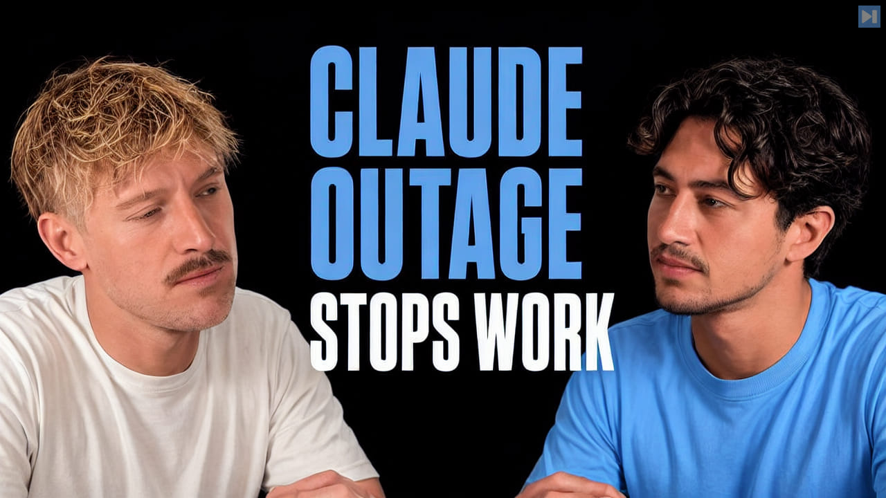 Jack Roberts and Nick Saraev beside the headline Claude Outage Stops Work